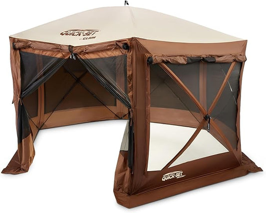 CLAM Pop Up Screen Tent, Large Outdoor Camping Gazebo Canopy, Pavilion, 12.5', Brown - Foldable and Portable Screened Shelter with Netting for Beach, Patio, and Backyard