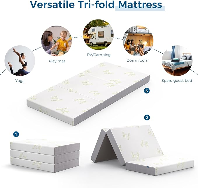 Inofia Full Folding Mattress, 5 Inch Trifold Memory Foam Mattress with Ultra-Soft Removable Cover - for Camping, Guest, and Floor Foldable Bed - Full Size (73" x 52" x 5")