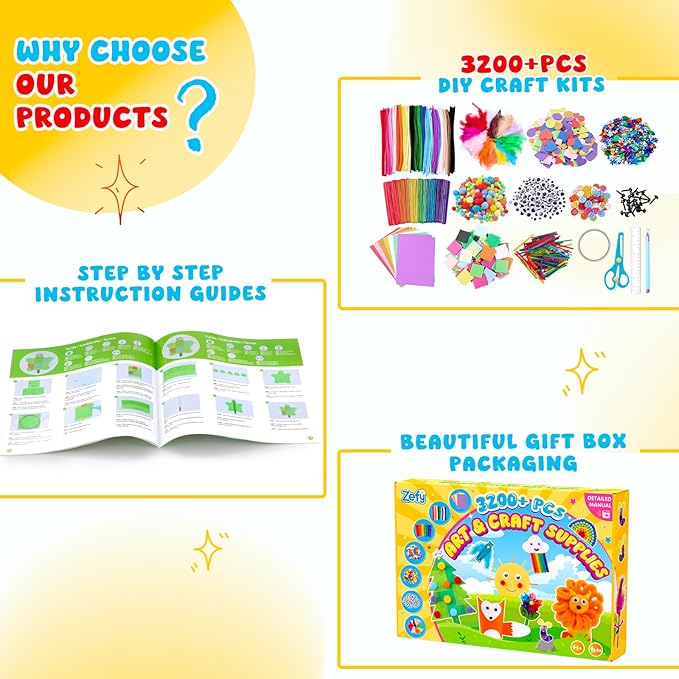 Zefy 3200+ Pcs Arts and Crafts Supplies for Kids, All in One Craft Kits with 12 Crafts Design, DIY School Supplies Kit Craft Box Christmas Gifts for Girls Boys Ages 4-12