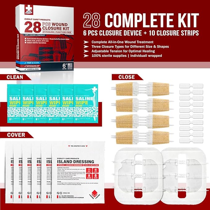 Wound Closure Kit | 28 Pcs All-in-One First Aid with Suture-Free, Stitchless Zip Devices, Butterfly Bandages, for up to 6" Wounds | 100% Sterile Medical Supplies to Clean, Cover & Heal