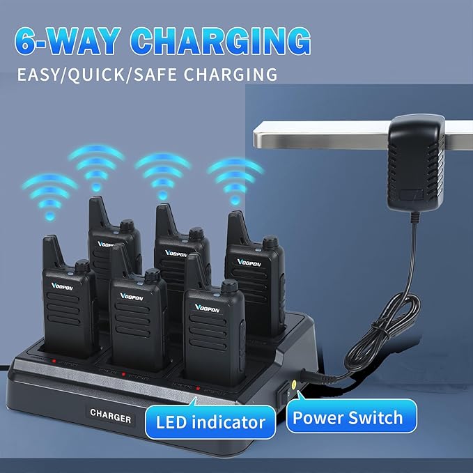 Rechargeable Walkie Talkies for Adults 22 FRS Channels Two-Way Radios with Earpieces 6 Way Multi Unit Gang Charger Long Range VOX Transceivers for Business Company Camping Church Shop (6 Pack)