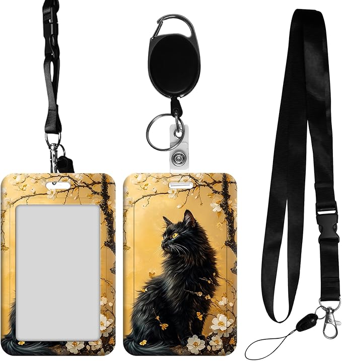 ID Badge Holder with Retractable Lanyard for Women & Men,Vertical ID Card Holder Wallet,Clear Window&Card Slot,Detachable Neck Strap for Nurse Teacher Office,Black Cat Golden Blossoms