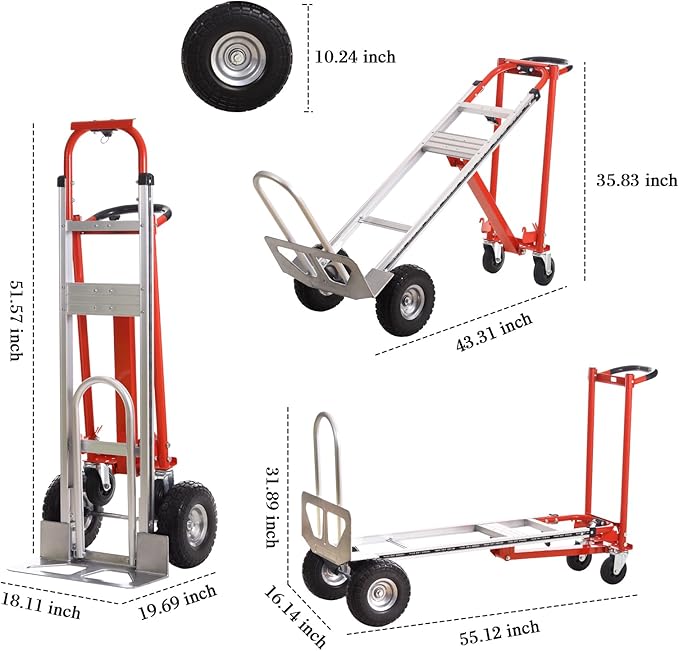3-in-1 Industrial Aluminum Dolly Hand Truck,Convertible Hand Truck Dolly,1000 Lbs Capacity Hand Trucks Heavy Duty with PU Solid Wheels and Cargo Straps for Moving and Transport (red)