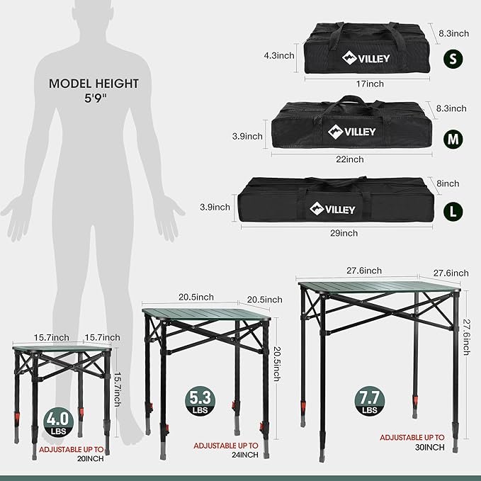 VILLEY Folding Camping Square Table with Carry Bag, Lightweight Aluminum Adjustable Square Table for Outdoor, Camping, Picnic, Backyards, BBQ (S)