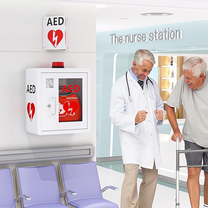 AED Projecting Sign With AED Graphic, 5'' x 9'' Plastic Panel with 4 Pre-Drilled Mounting Holes & Double Sided Tapes, AED Wall Mounted Sign for Outdoor & Indoor
