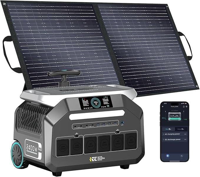 IEE 2400W Solar Generator with pull rod,2048Wh Portable Power Station P2400 With 100W Solar Panel, 4 * 2400w AC Output (5000W Surge),LiFePO4 Battery Power Station for Home Backup, Camping