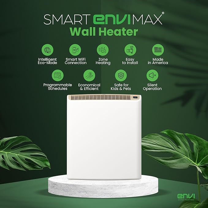 Smart EnviMAX 1000W Wi-fi Plug-in Electric Wall Heater - Energy Efficient Smart Heaters for Large Rooms - App Controlled Electric Heater with Thermal Shut Off Switch - Works with Alexa & Google Home