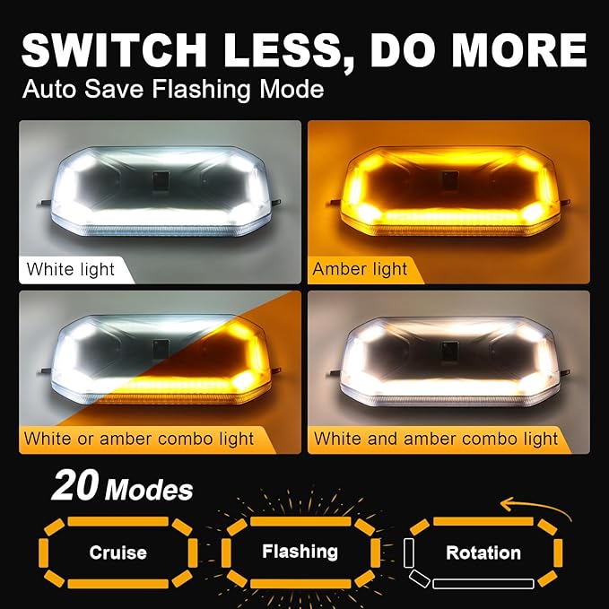 Agrieyes Smoked Lens Magnetic Strobe Lights Bar, 128 LED Emergency Light for Vehicles, 12" Amber White Dual Colors Flashing Warning Security Beacon for Roof Top Trucks, Snow Plow, Trailer