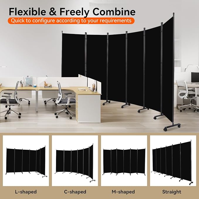 Room Divider 132''W Wall Divider for Room Partition (Heavy Duty Base) 6 Panel Partition Room Dividers, Freestanding Room Divider Screen Separation W/Wheel Folding Privacy Screen Panel Space Separator