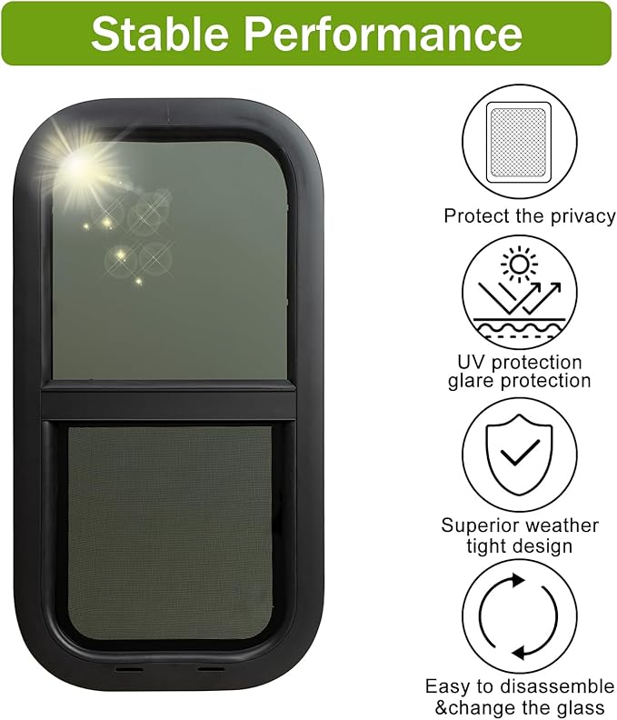 12"x24" RV Window - Vertical Sliding Teardrop Style, DOT-Certified Tempered Glass & Trim Set, Aluminum Alloy Frame w/Mesh Screen
