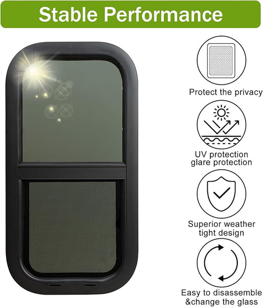 12"x24" RV Window - Vertical Sliding Teardrop Style, DOT-Certified Tempered Glass & Trim Set, Aluminum Alloy Frame w/Mesh Screen