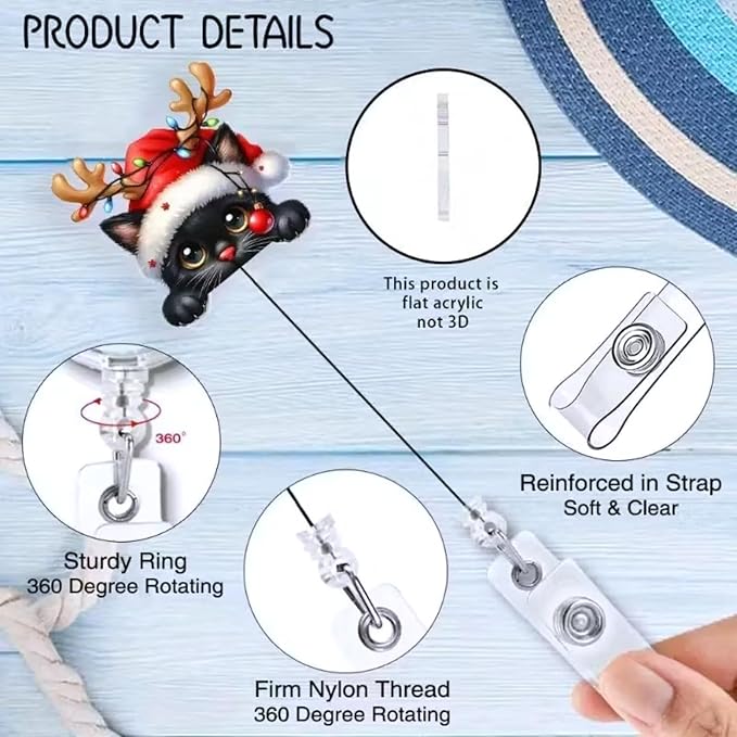 Black Cat Badge Holder Christmas Badge Reel Retractable Badge with Alligator Clip Cute Cat Light Strings Antlers ID Badge Holder Xmas Acrylic Badge Clips for Nurses Nursing Students Teachers Office
