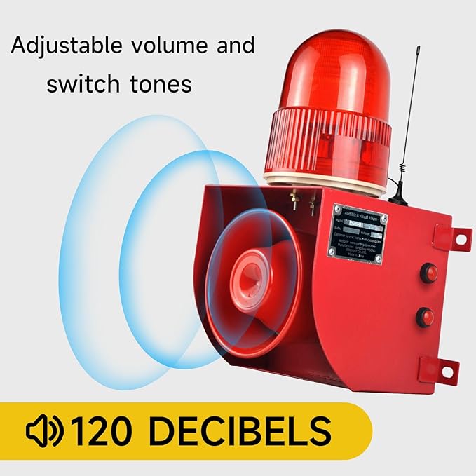 Outdoor Indoor Alarm Siren Wireless Waterproof 0.3mile Remote Control Emergency Security Siren with 0-120dB Adjustable, 12 Tone Switchable for Warehouse Industry Buliding AC110-120V