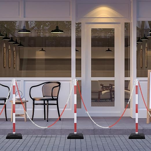 4 Pack Red White Portable Work Zone Chain Post Set, Premium Crowd Control Stanchion Sets, 40" H Traffic Delineator Post Cones with Heavy Rubber Base, 80" Plastic Chain Barriers