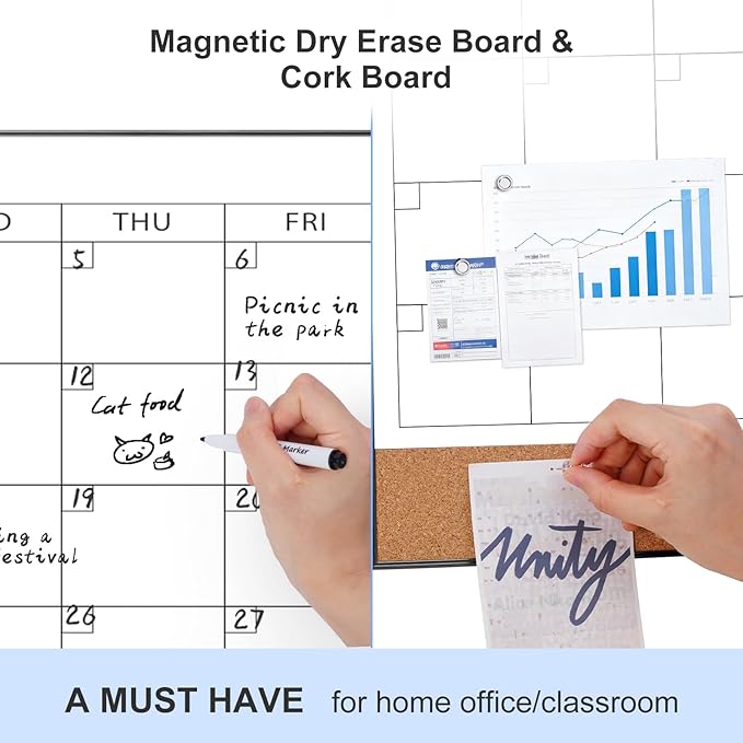 ARCOBIS Large Dry Erase Calendar with Cork for Wall, 48"x 30" Magnetic Calendar Whiteboard with Black Frame, Monthly Combination Board for School, Home, Office