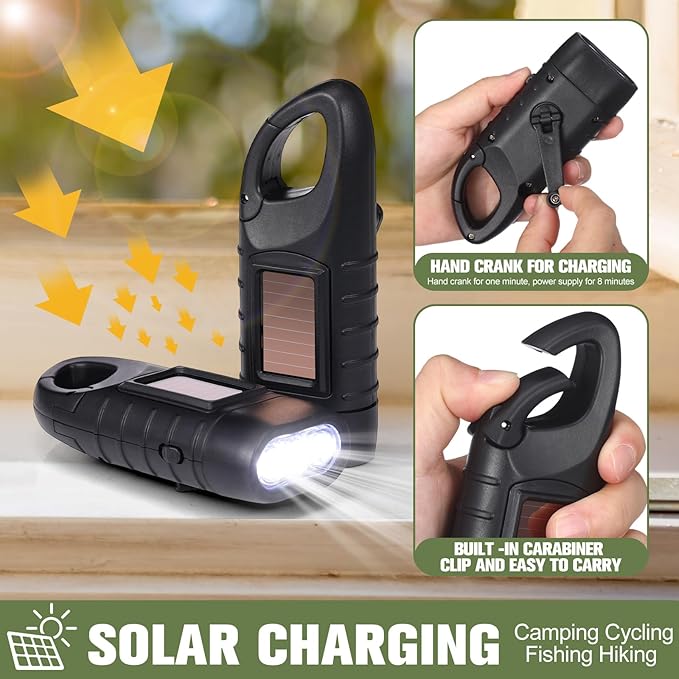 Leelosp 9 Pieces Hand Crank Flashlight Solar Powered Flashlight for Emergencies Dynamo Rechargeable LED Survival Light for Outdoor Sports Hiking Camping (Green,Black)