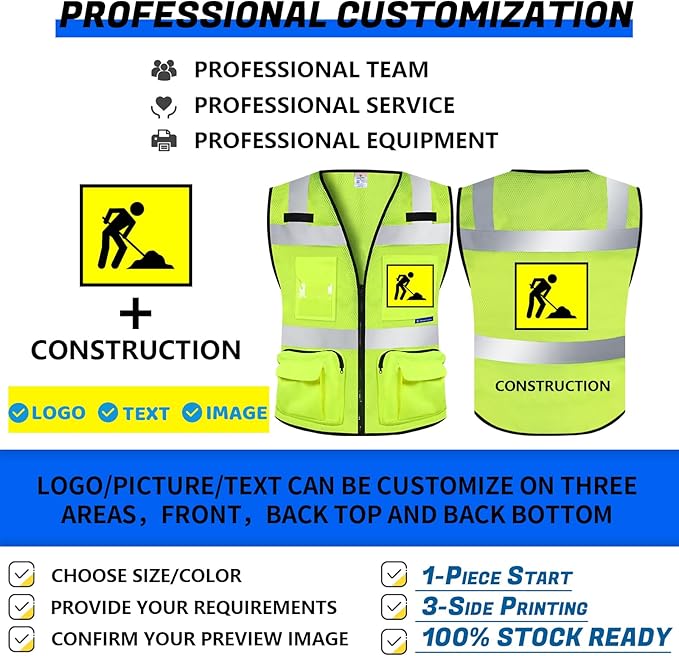 BeautyWill 10 Pack Custom Logo Safety Vest ANSI Class 2 High Visibility Reflective Vest Personalized Construction Vest Bulk