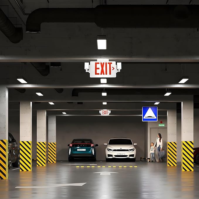 Gruenlich LED Combo Exit Sign, Emergency Light with 2 Adjustable Heads and Double Face, Back Up Batteries- US Standard Red Letter EXIT, UL 924 Qualified, 120-277 Voltage, 12-Pack
