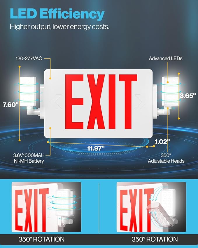 Sunco Exit Signs With Emergency Lights, Two Adjustable LED Lights With Backup Battery, Red, 94V-0 Fire Resistant, 120-277V, Wall Or Ceiling Mount, Commercial Grade UL 4 Pack.