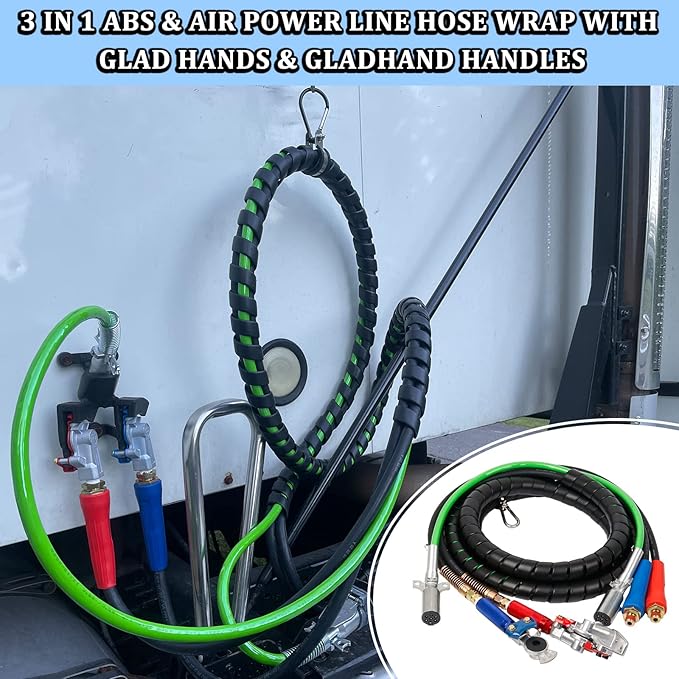 15ft 3 in 1 ABS & Power Air Line Hose with 37 Degree Emergency Service 2 sets Glad Hands & Glad Hand Grips for Tractor Trailer Semi Truck