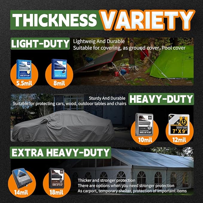 RAINDEWAY Tarps Heavy Duty Waterproof 8x12 Feet,10Mil Thick Multipurpose Poly Tarp Cover with Metal Grommets and Reinforced Edges,Silver/Brown Tarp