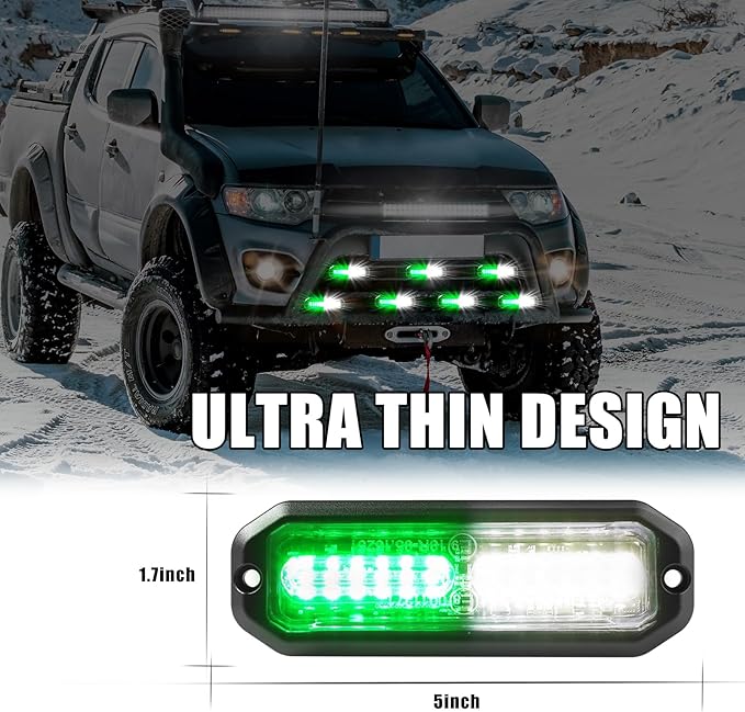 WINECO Green/White 8pcs Ultra Slim LED Emergency Strobe Police Lights, Surface Mount Grill Grille Hazard Safty Warning Flashing Light for Volunteer Trucks Vehicles