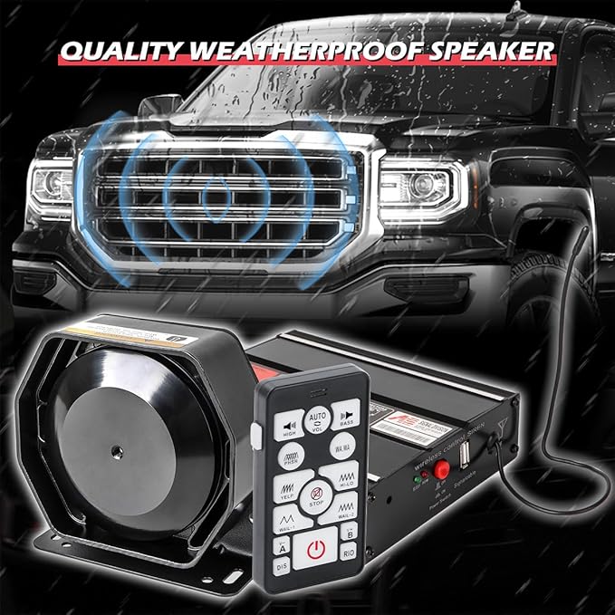 Police Siren 20 Tones 130 DB 200 Watt, Dual 20A Auxiliary Switch, Wireless Remote USB Rechargeable 15M Control Range, Car PA System Speaker Horn, Emergency Siren for Car Truck Vehicles