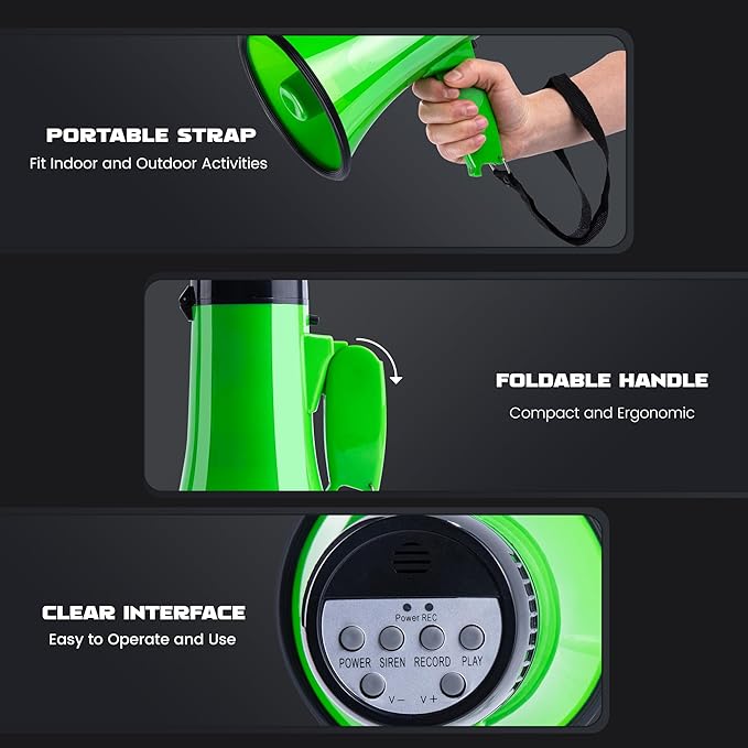 MyMealivos Portable Megaphone Bullhorn 20 Watt Power Megaphone Speaker Voice and Siren/Alarm Modes with Volume Control and Strap (Green)
