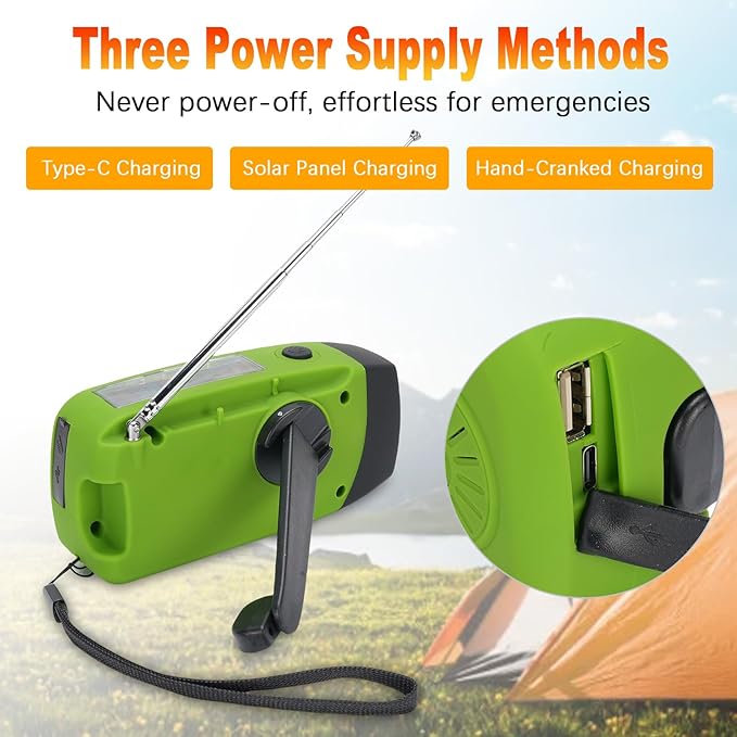 2000mAh Wind Up Radio, Portable Solar Emergency Radio with SOS Alarm, AM FM Weather and Torch, for Power Outage Camping Hiking (Green)