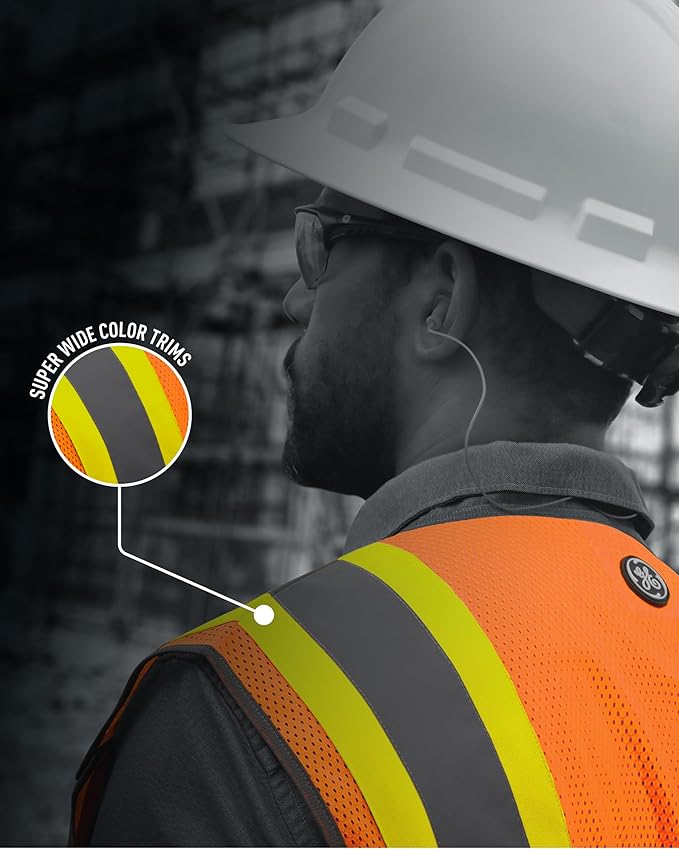 GE Multi-Functional Safety Vest Expandable 5-Point Breakaway High Visibility with Zipper Pockets, Class 2
