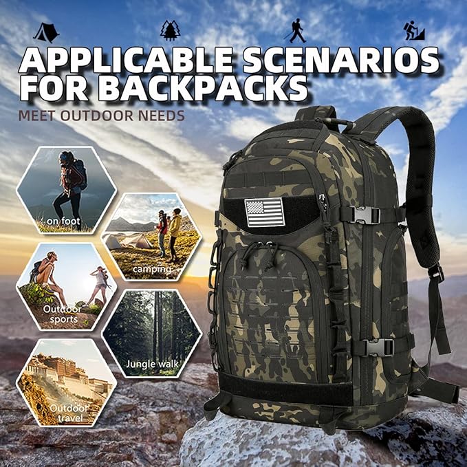 45L Tactical Backpack for Men and Women Large Military Tactical Backpack Heavy Duty Molle Assault Pack Daypack for Hiking Camping Travel Work Gym Outdoors (Black Camo)