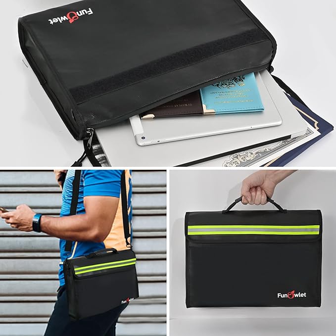 Fireproof Waterproof Money Document Bag - Large Fireproof Safe Box with Wallet Protector, Fire & Water Resistant Storage Organizer Pouch for A4 Documents Holder,File,Jewelry,Passport,Laptop (Black)