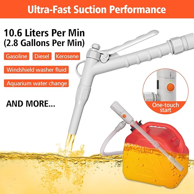 Battery Powered Fuel Transfer Pump with Hand Trigger Nozzle | Electric Gas Siphon Pump for Gasoline, Diesel, Kerosene, Water - 2.8GPM with 54” Long Hose for Cars, Boats, Mowers & Gas Cans