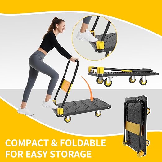 Foldable Push Cart Dolly, 330lbs Flat Bed Carts with Wheels & Anti-Collision Strips, Heavy Duty Platform Truck for Household Tasks, Moving, 360° TPR Mute Wheels, Easy Maneuver, Black Yellow