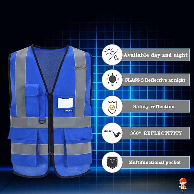 Reflective Security Safety Vests Heavy Duty with 7 Pockets and Front Zipper