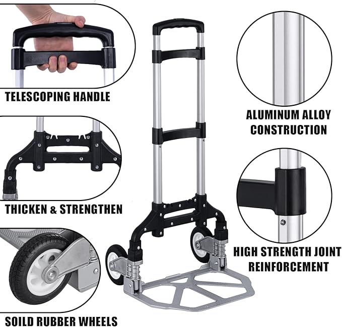 Folding Hand Truck Portable Foldable Dolly Cart Aluminum Luggage Cart Trolley Cart Black MAX Load 180 lbs, with Black Bungee Cord, Telescoping Handle,Solid Aluminium Wheel suspensions, Double Bearings