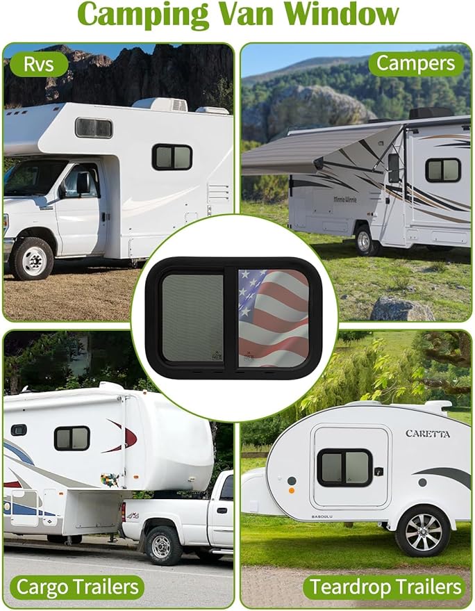 21"x14" RV Sliding Window - Horizontal Teardrop Style, DOT-Certified Tempered Glass & Trim Kit, Aluminum Alloy Frame w/Mesh Screen