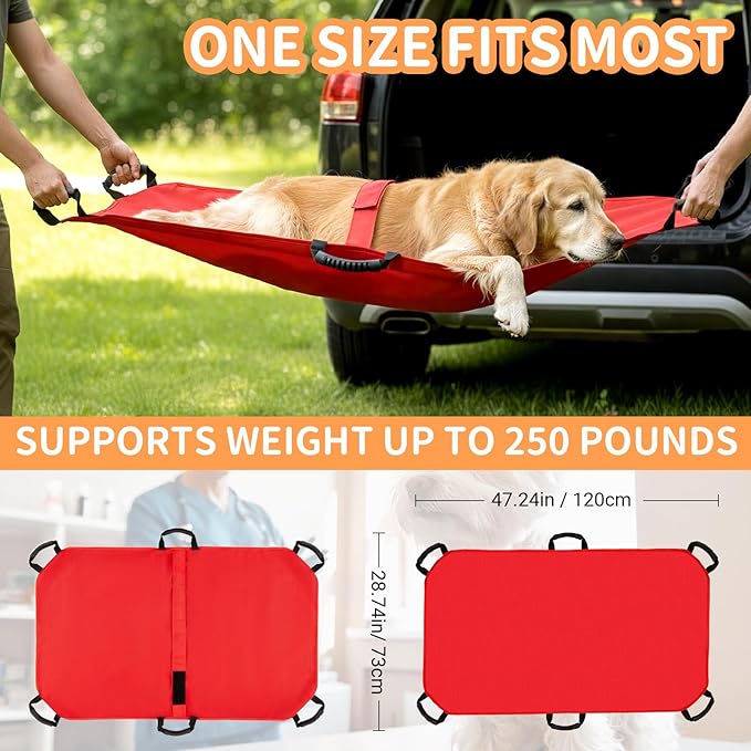 Geiserailie Transport Stretcher for Large Dogs with 6 Handles 47" L x 29" W Animal Folding Emergency Transport Carrier with Safety Strap, Max 250lbs(Red)