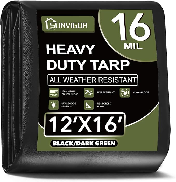 Sunvigor Tarp Waterproof 12x16Ft, Extra Thick 16 Mil Heavy Duty Tarp Cover, Tear & Fade Resistant, Outdoor Tarps with Brass Grommets and Reinforced Edges for Roof, Camping, Patio, Boat (Black/Green)