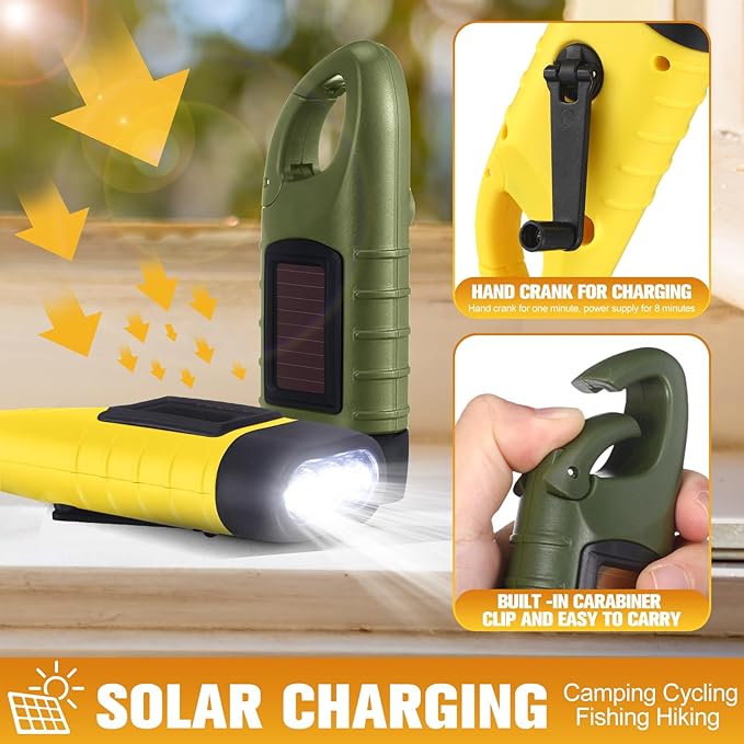 Leelosp 9 Pieces Hand Crank Flashlight Solar Powered Flashlight for Emergencies Dynamo Rechargeable LED Survival Light for Outdoor Sports Hiking Camping (Green,Yellow)