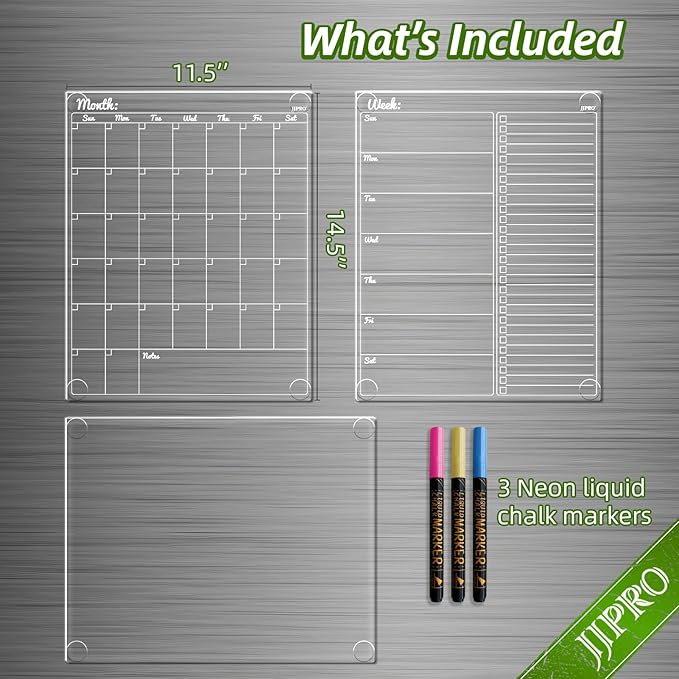 JJPRO Non-Magnetic Dry Erase Calendar for Fridge-Reusable Monthly&Weekly Planning Board and Blank Clear Board Bundle for All Smooth Surfaces. Clear Reusable Board Sticks to Fridge,Wall,Door&Glass