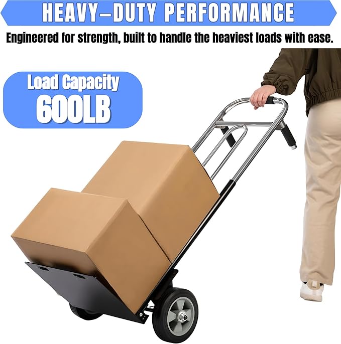 Folding Hand Truck Dolly - 600 LB Capacity, Heavy-Duty Wheels and Compact Design for Moving Heavy Loads in Warehouses, Offices, Homes, and Shopping