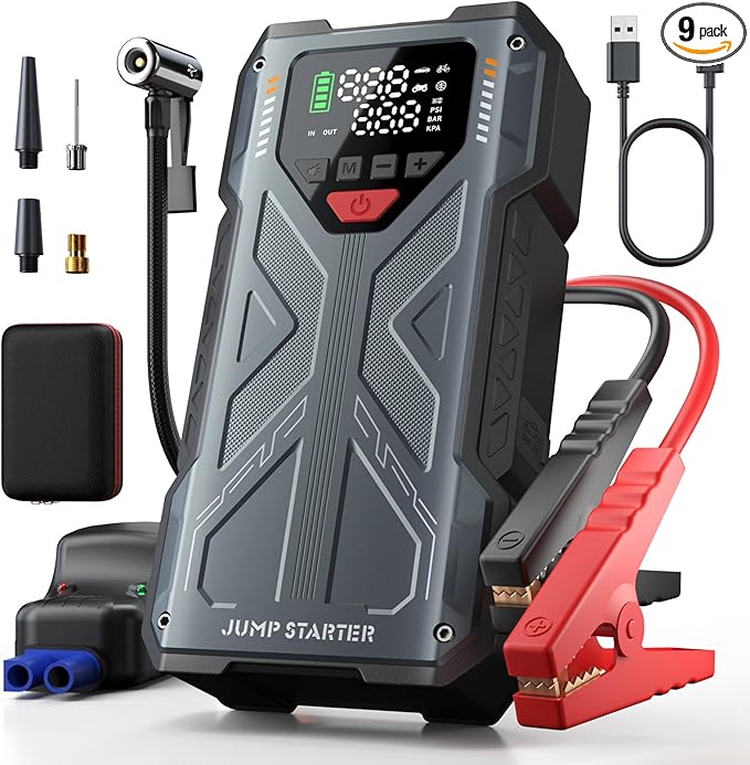 Jump Starter with Air Compressor, 4000A Car Jumper Starter Portable & 12V Car Battery Charger Jump Starter Power Pack Combo 150PSI Tire Inflator Air Pump, Jumper Box for 8.0L Gas/6.5L Diesel, QC3.0
