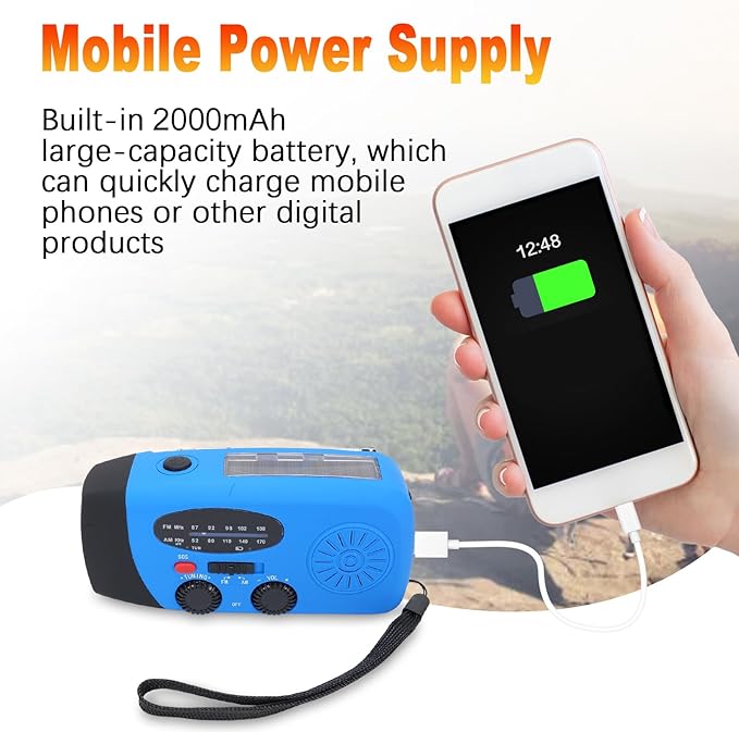 2000mAh Wind Up Radio, Portable Solar Emergency Radio with SOS Alarm, AM FM Weather and Torch, for Power Outage Camping Hiking (Blue)