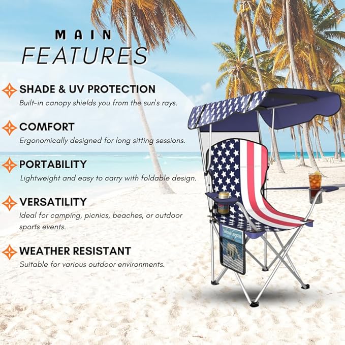 Portable Folding Camping Chairs with Canopy Shade, Beach Chair for Adults, Durable Weather Resistant 600D Oxford Cloth, Camping Chair with Canopy for Outdoors [Flag-2 Pack]