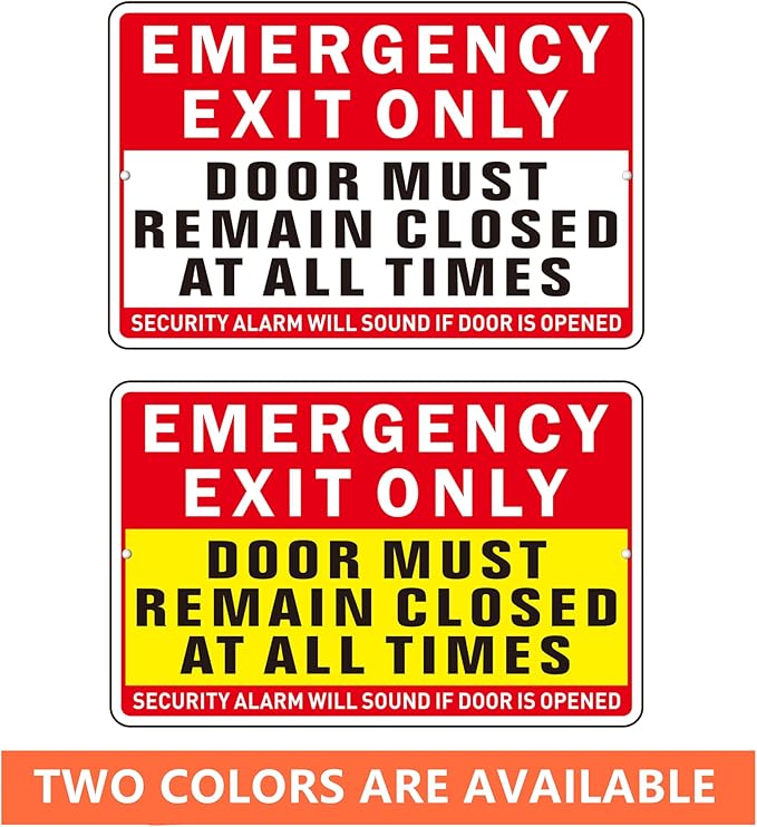 Emergency Exit Only Sign, (2 Pack) Self Adhesive Emergency Exit Sign Sticker for Door, Rust Free and Reflective Aluminum Metal Signs for Wall (9 x 6 inches, Red/White)
