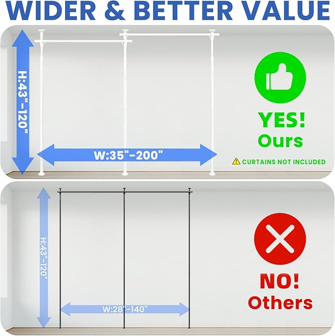 Room Divider No Drilling Curtain Rod Wall Divider for Room Separation (H) 43-120×(W) 72-200 inch Adjustable, Heavy Duty Partition Space Separator Freestanding, Curtains Not Included- White, 1 Pack