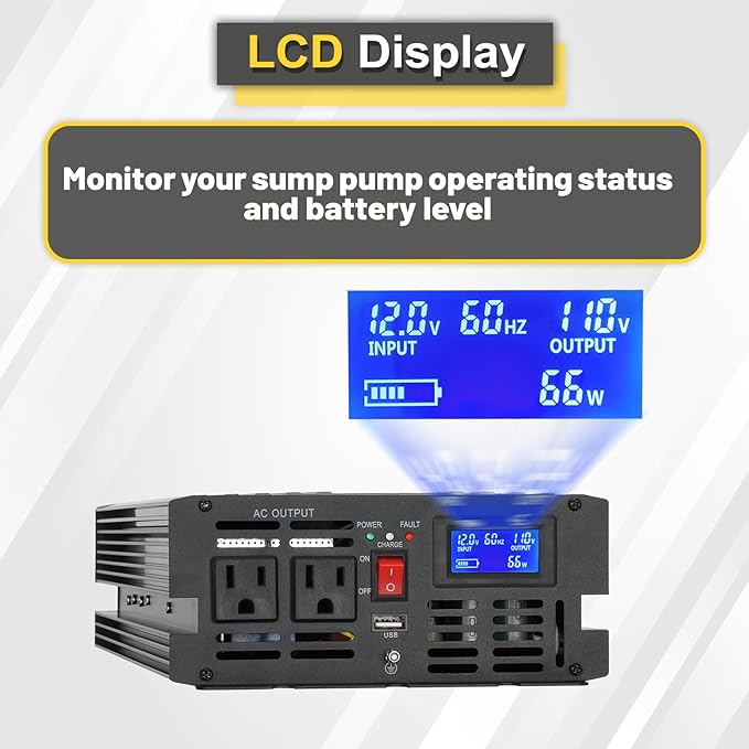 1500W Primary Sump Pump Backup System, Basment Protection Backup Inverter, Black, LCD Display, Auto Switches for Continuous Sump Pump Operation, Basement Emergency and Power Outage Backup