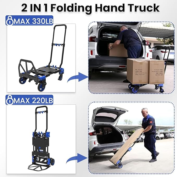 2-in-1 Hand Truck Dolly Foldable,330LB Folding Hand Truck Heavy Duty Carrying, Combination of 4 Wheels and 2 Wheels Convertible Dolly Cart with Retractable Handle cart for Moving Office Carts