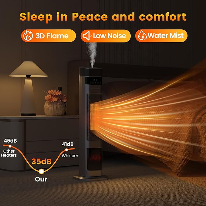 VCJ 31" Space Heaters, 1500W 12H Timer Electric Heater for Indoor Use, Remote, 120° Oscillation, Water Mist, Overheat & Tip-Over Protection, Quiet Portable Tower Heater for Bedroom Living Room Garage